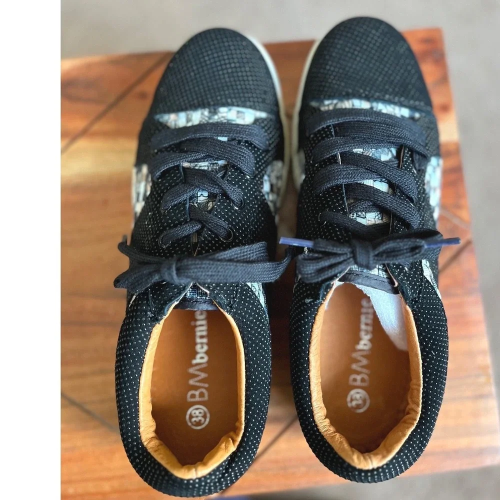 Bernie Mev Womens‎ Black Woven Dotted Low Top Sneakers Size 38/7 Lace Up Shoes